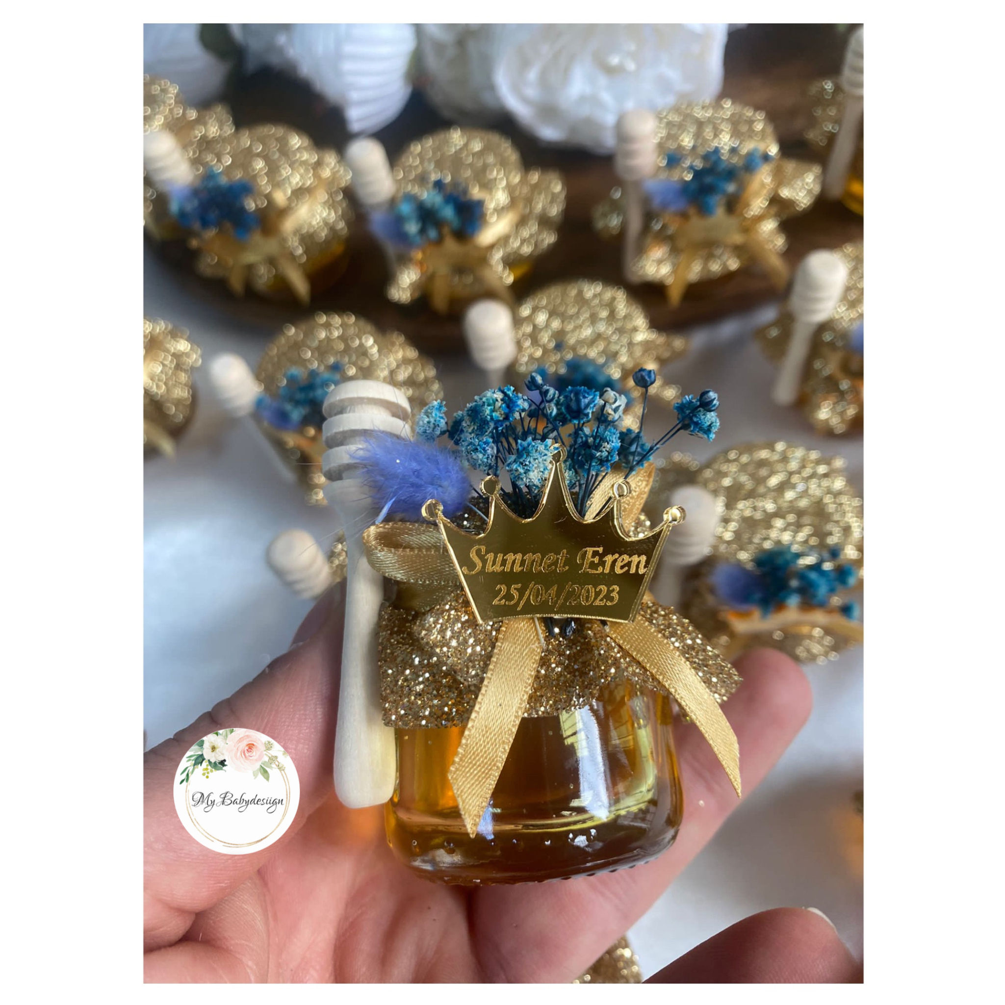 Pots de miel personnalisés, dorés ou argentés à paillettes 