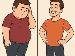 An obese person worrying about his weight, and a physically fit person feels happy about their selg.