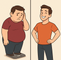 An obese person worrying about his weight, and a physically fit person feels happy about their selg.