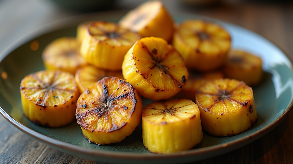 Close-up view of grilled ripe plantains on a plate