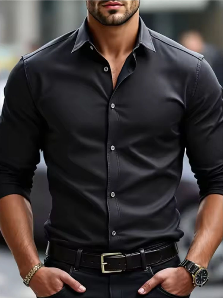 Thumbnail: White men's Dress shirt without ironing, business casual, slim and slim black sh
