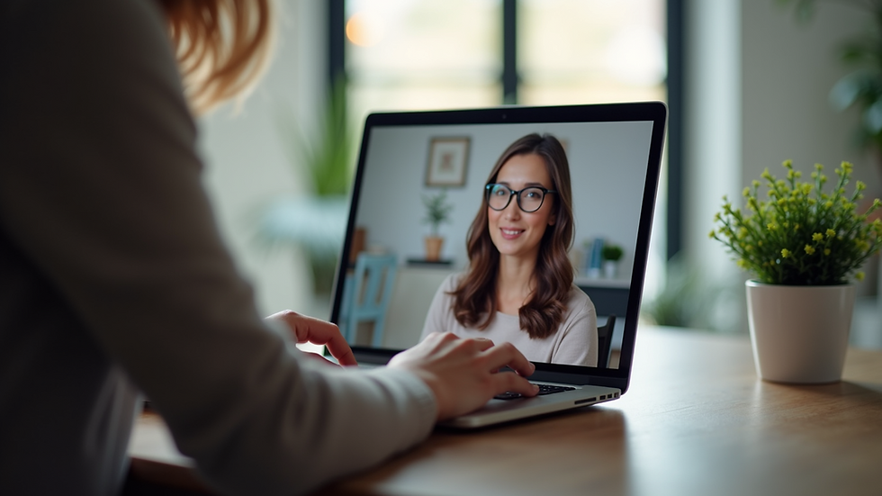 Eye-level view of a person using a video remote interpreting service on a laptop