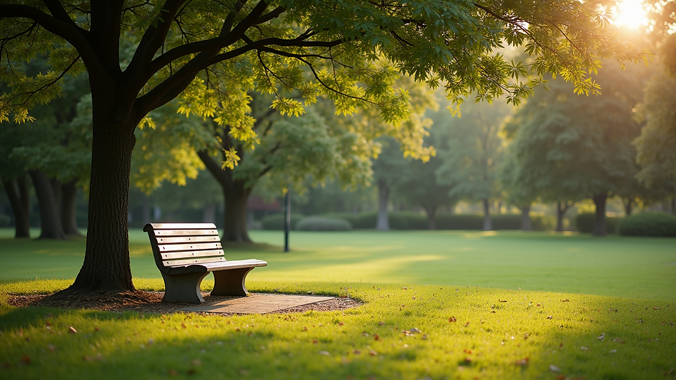 Eye-level view of a quiet park with a bench under a tree