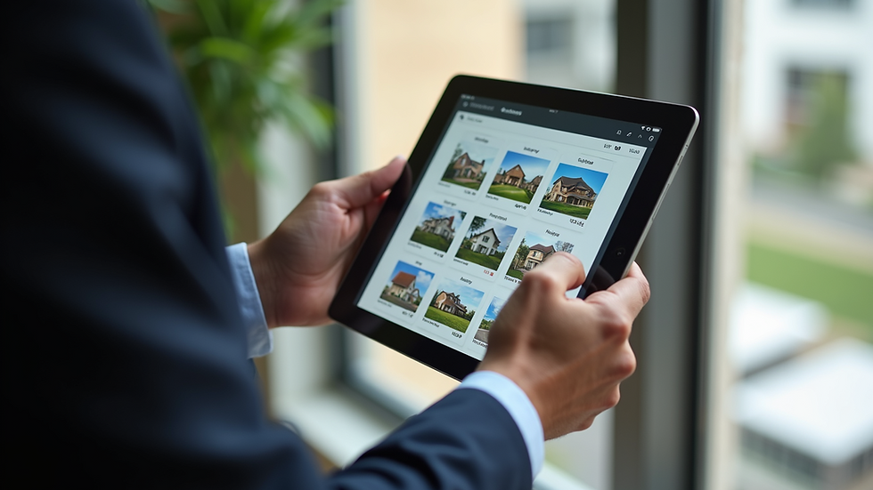 Close-up view of a real estate agent showing property options on a tablet