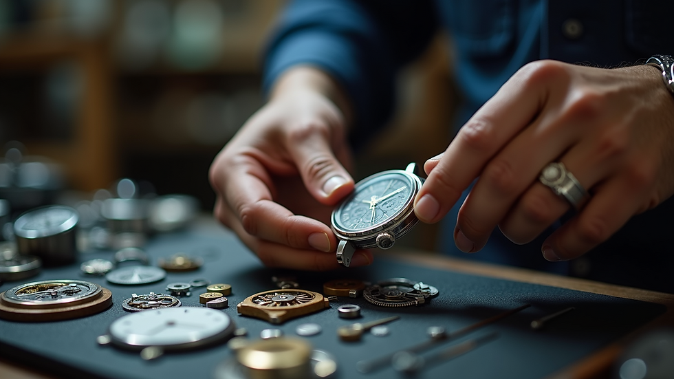 Close-up view of a watchmaker repairing a mechanical watch