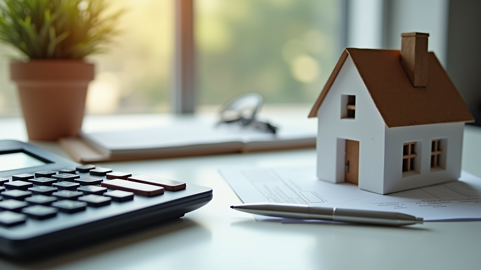 High angle view of a calculator and house model on a desk