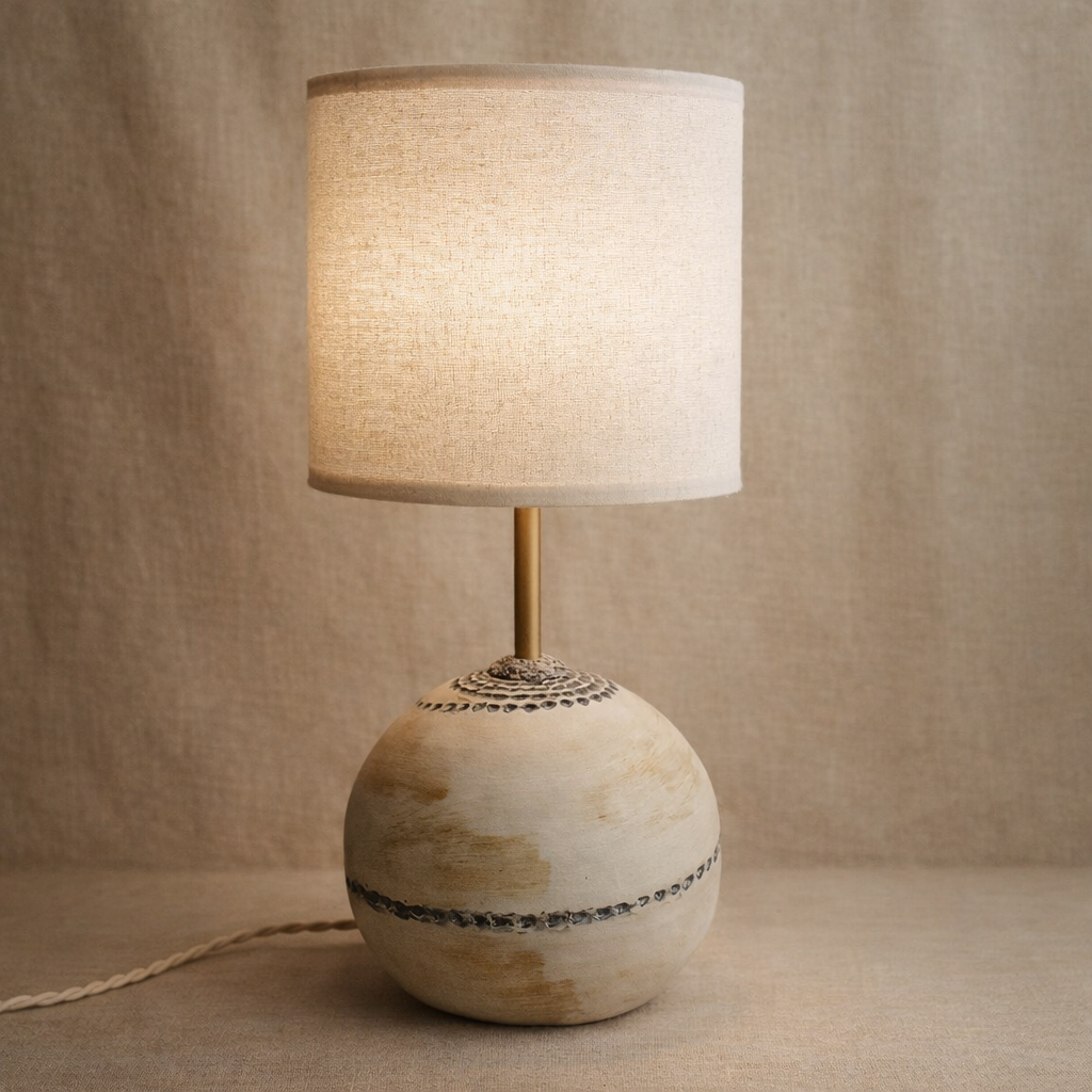 Lampe céramique artisanale en grès blanc pied boule et abat-jour en lin