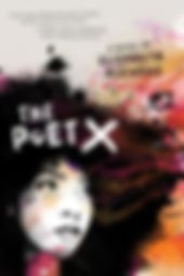 The cover of The Poet X; the face of a Latinx girl with big, black curly hair is overlaid by lines of poetry in shades of yellow, pink, orange and black on a background that is white splotched with shades of paint in the same colors