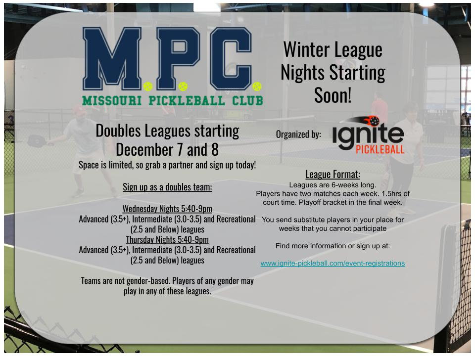 Wednesday and Thursday Doubles Leagues at the MPC Ignite Pickleball