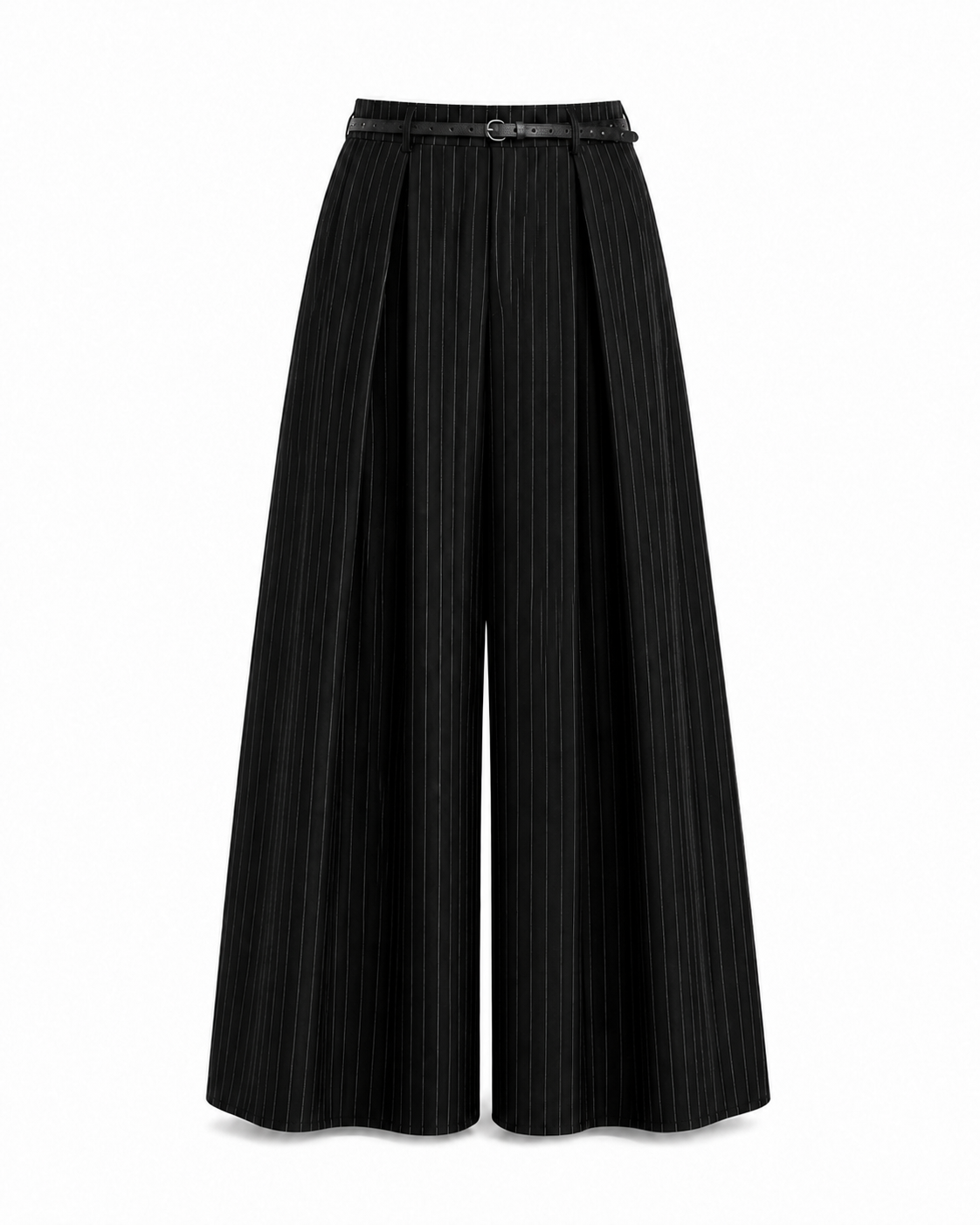 Pantalone Sartoriale Wide-Leg Gessato con Cintura - Nero