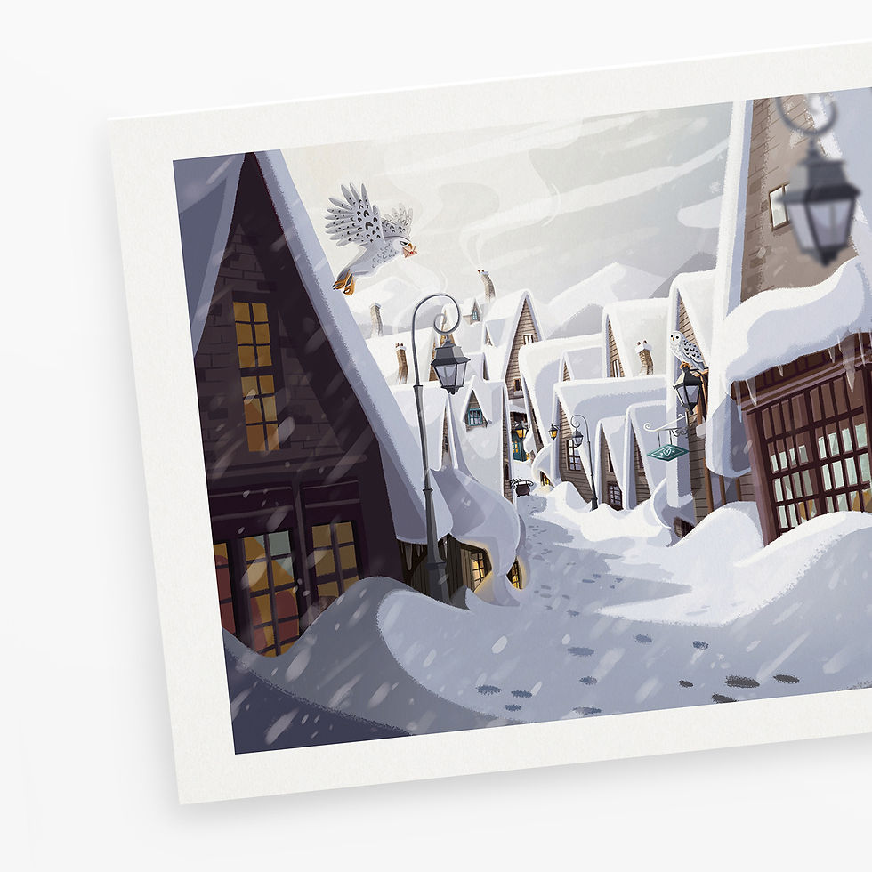 Illustration, print A4 de Pré-au-Lard, Hogsmeade, Harry Potter, paysage, dessiné par Emma Sanchez, Amay Sancha  Shop
