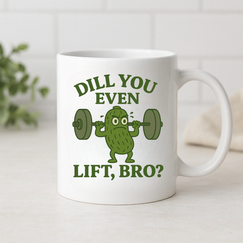 Funny Pickle Gym Mug, Dill You Even Lift Bro Coffee Cup, Weightlifting Pun Mug