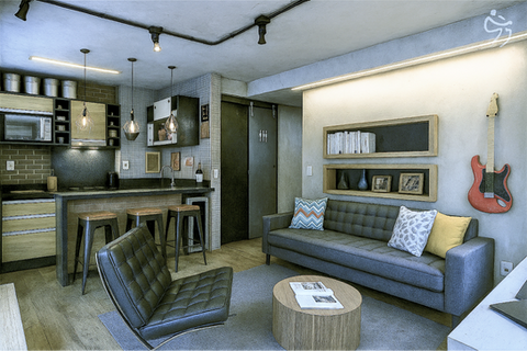 Foto interna da área social de um apartamento reformado