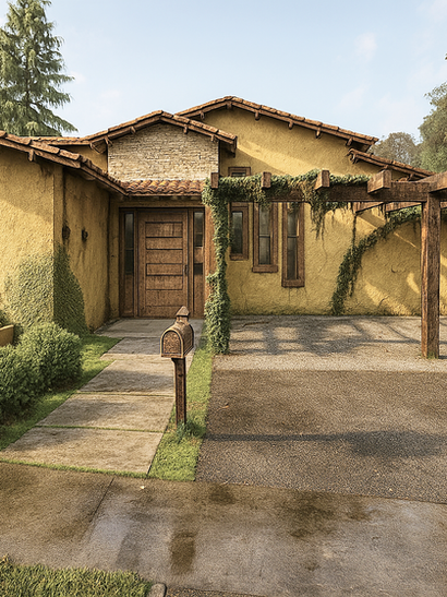 Imagem com a vista frontal de uma casa térrea projetada em estilo colonial com áreas ajardinadas à esquerda, acesso principal ao centro e garagem coberta por uma pérgola à direita.