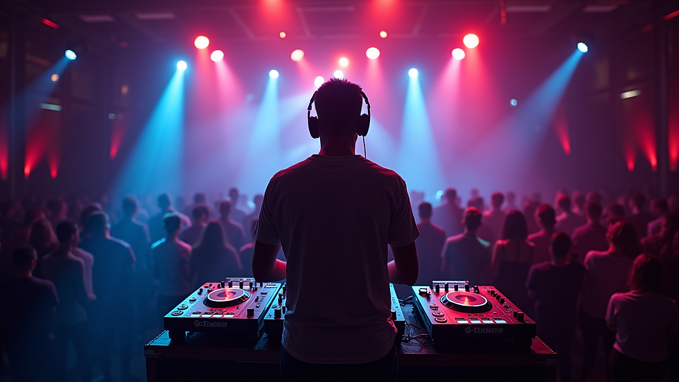 Eye-level view of a DJ booth with vibrant lighting
