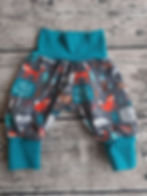 Baby-Pumphose Waldtiere, Gr. 56: Graue Hose mit Waldtieren, Bündchen petrol gestreift