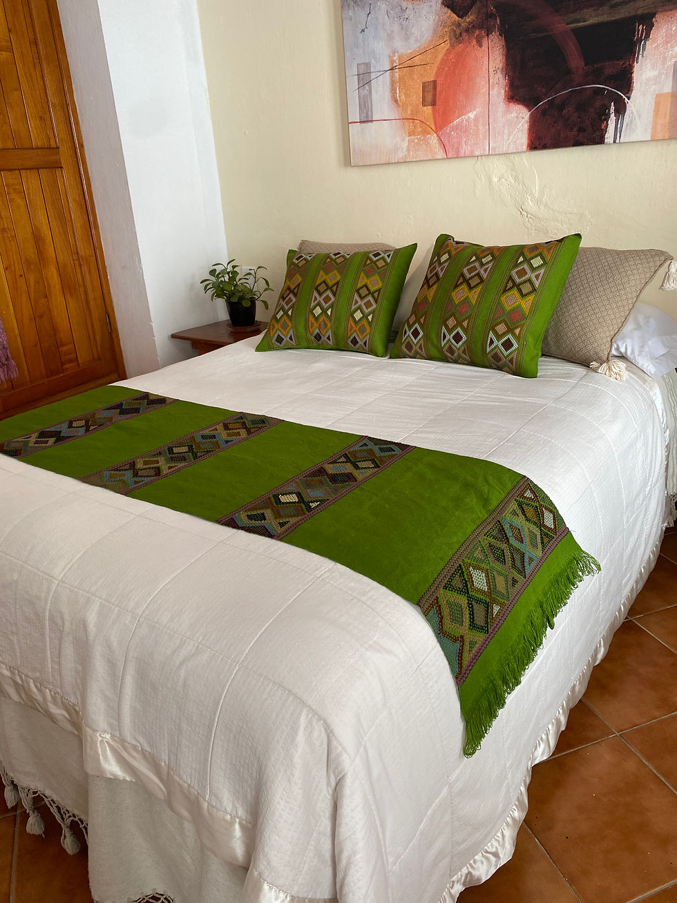 Miniatura: Pie de cama artesanal Rombos musgo 
