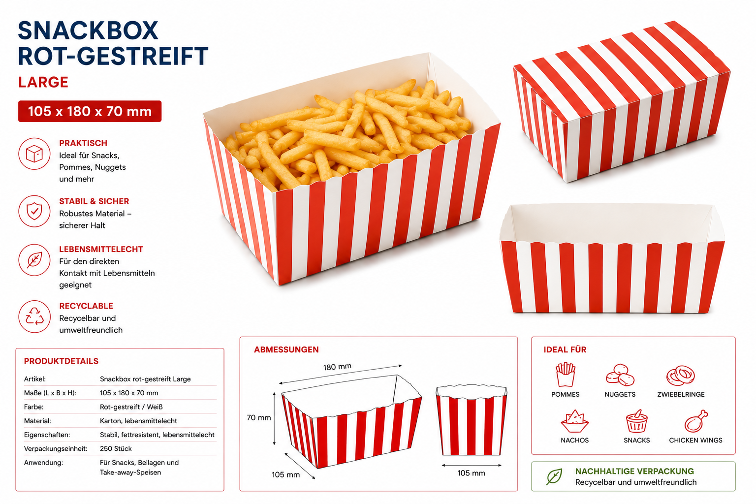 Snackbox 105 x 180 x 70 mm, rot-gestreift Large