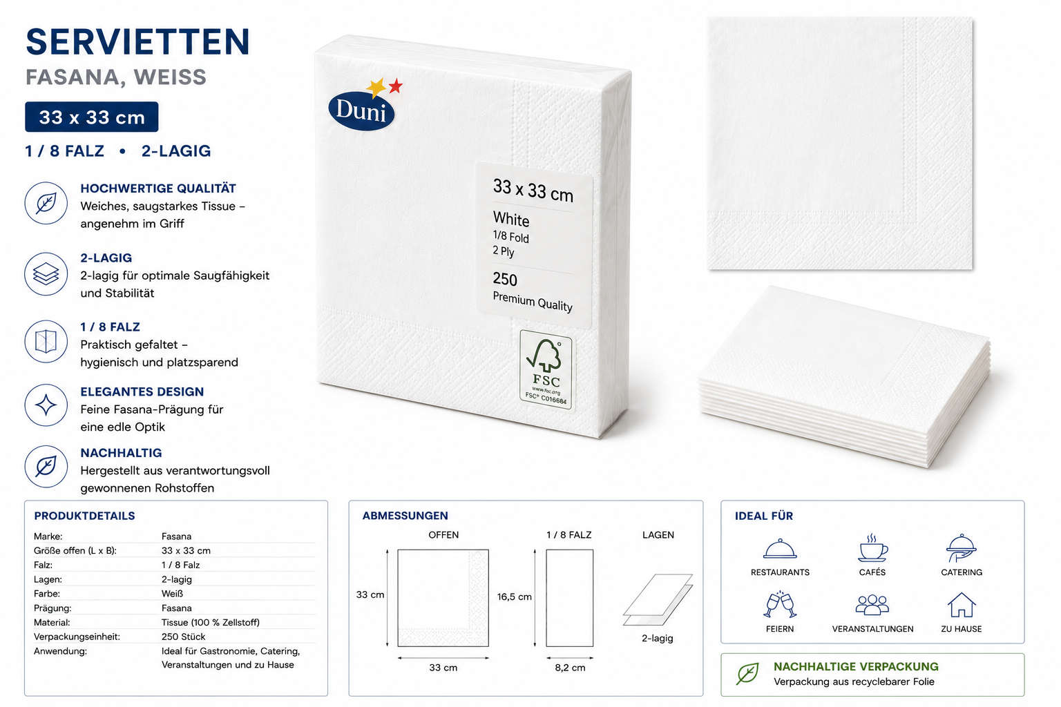 Servietten 33 x 33, 1 / 8 falz, 2-lagig, weiß Fasana
