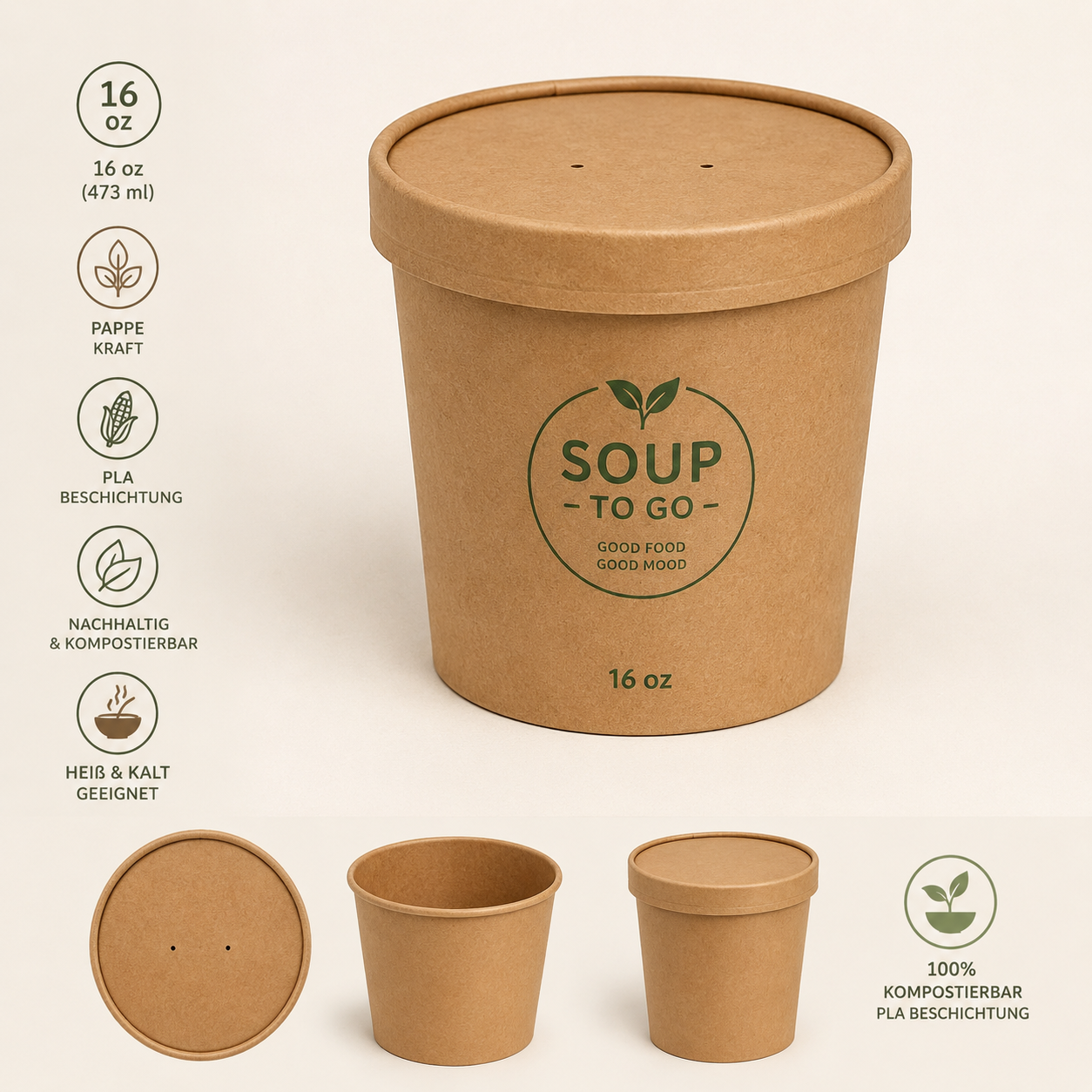 Deckel-Soup-To-Go, 16 oz, pappe, PLA, braun