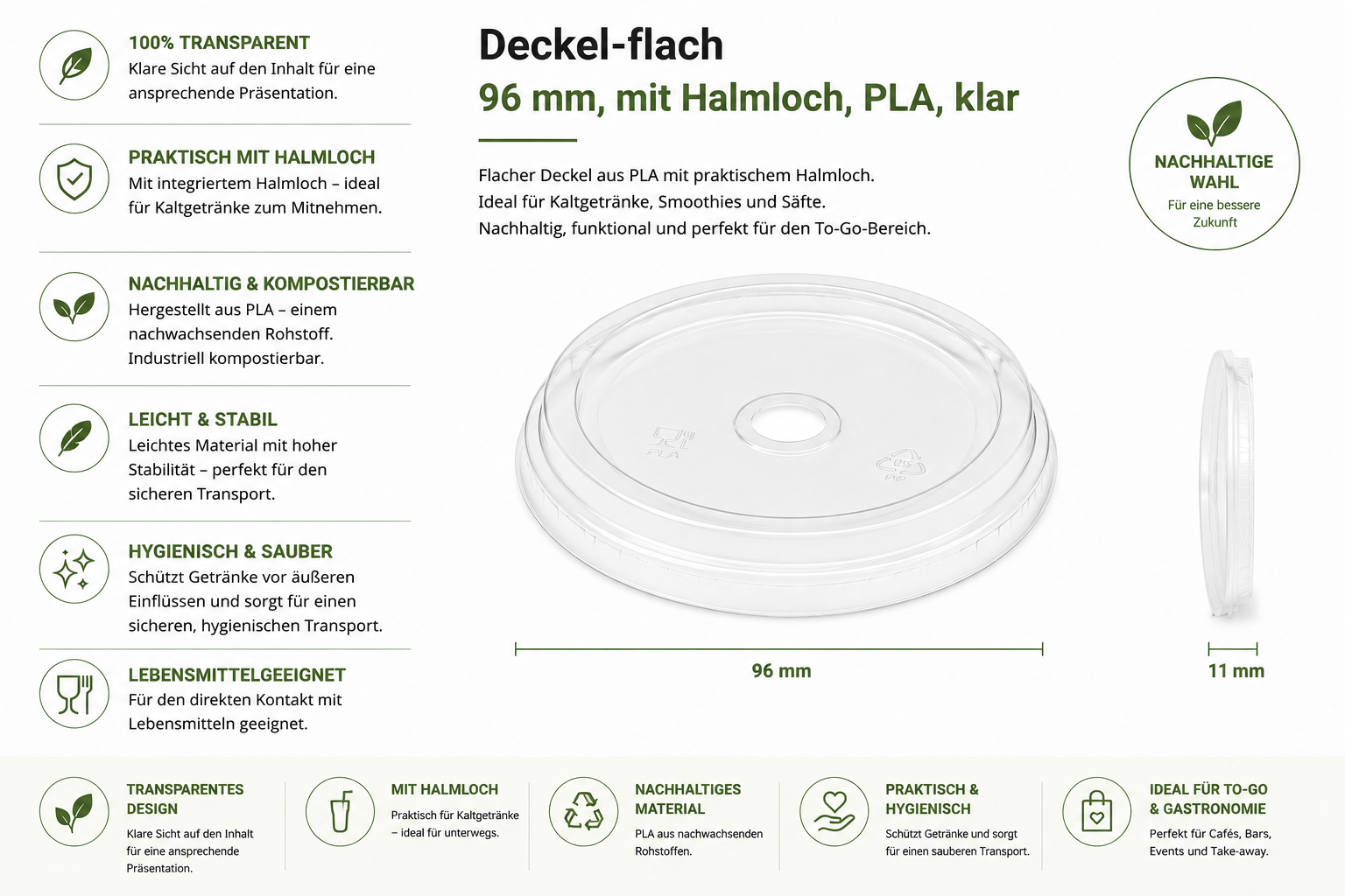 Deckel-flach 96 mm, mit Halmloch, PLA, klar