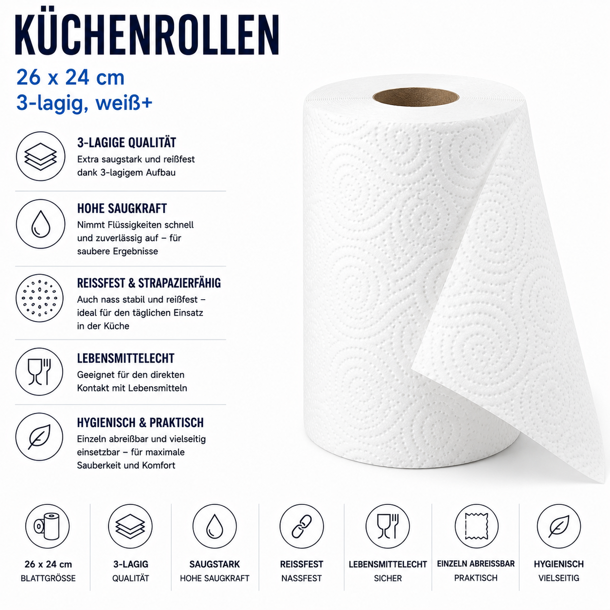Küchenrollen 26 x 24 cm, 3-lagig, weiß