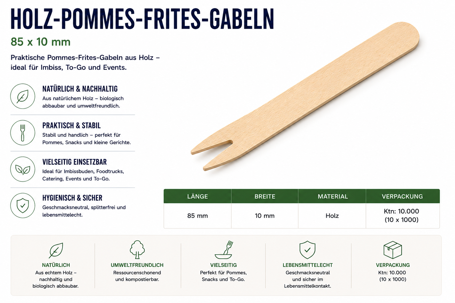 Holz-Pommes-Frites-Gabeln, 85x10 mm