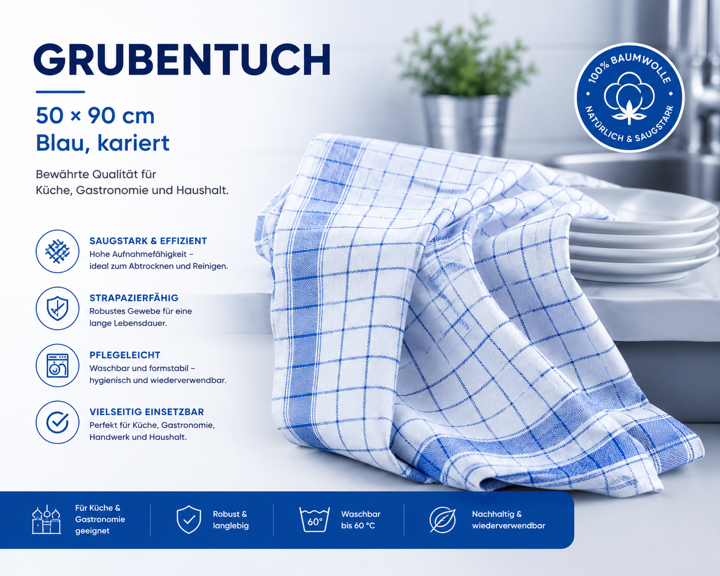 Grubentuch 50×90 cm, blau, kariert