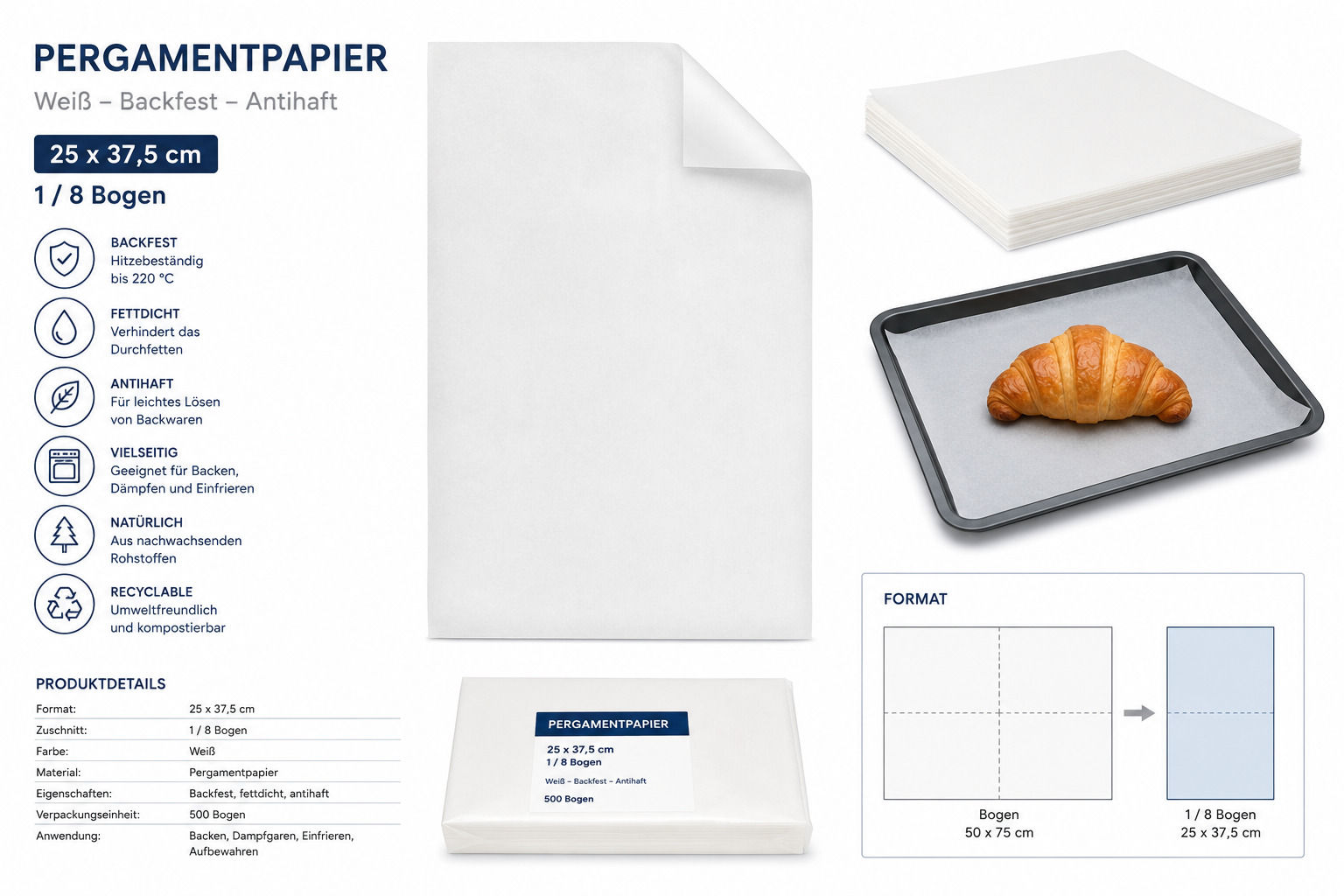 Pergamentpapier 25 x 37,5 cm, 1 / 8 Bogen, weiß