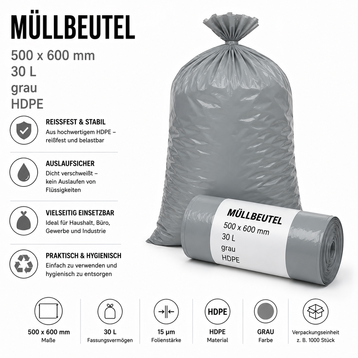 Müllbeutel 500 x 600 mm, 30l, grau, HDPE