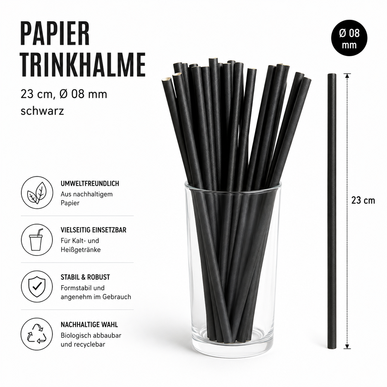 Papiertrinkhalme 23 cm,_08 mm, schwarz