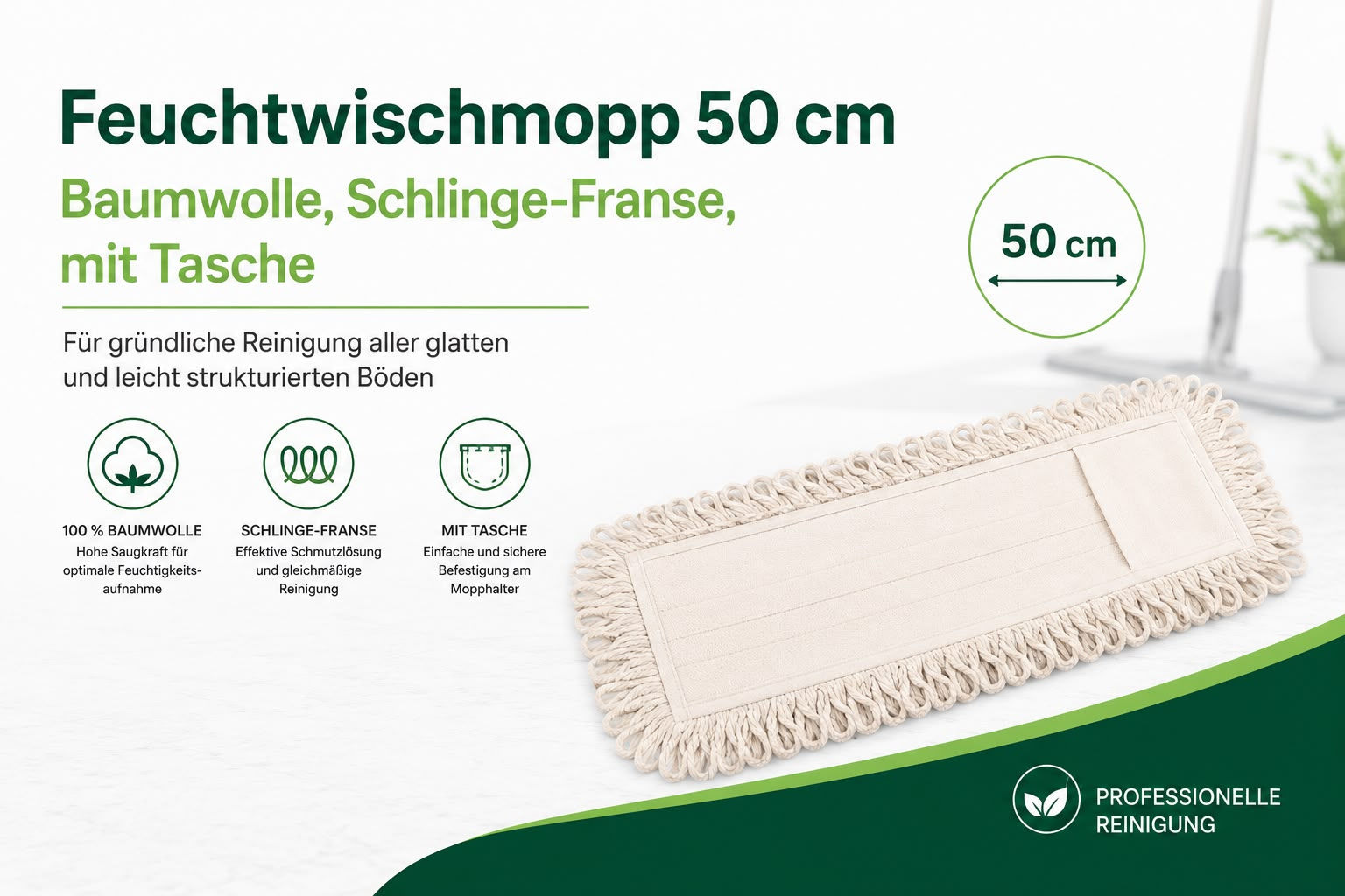 Feuchtwischmopp 50 cm, Baumwolle, schlinge-franse, mit Tasche