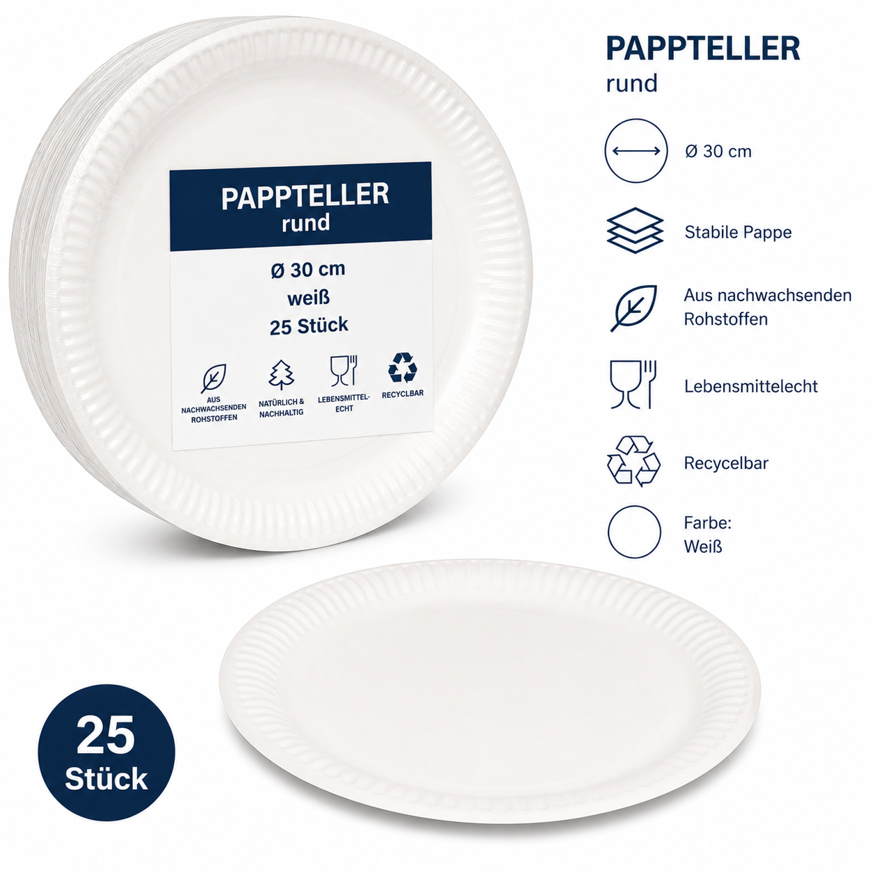 Pappteller 30 cm, rund, weiß