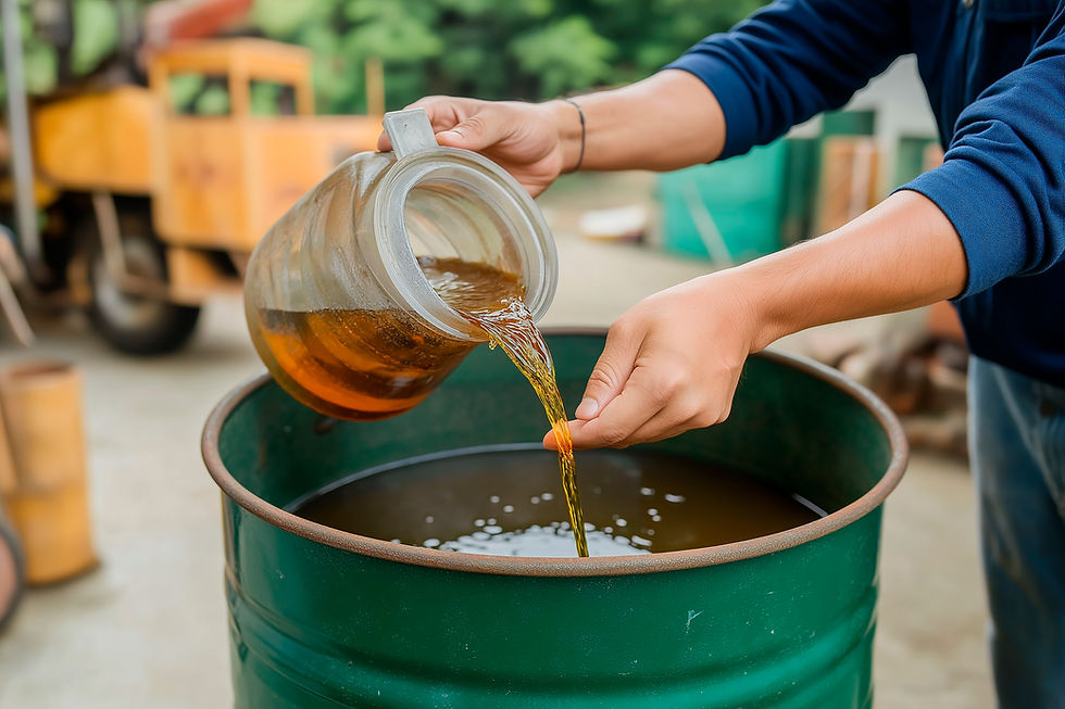 Used Cooking Oil (UCO) poured into a barrel.