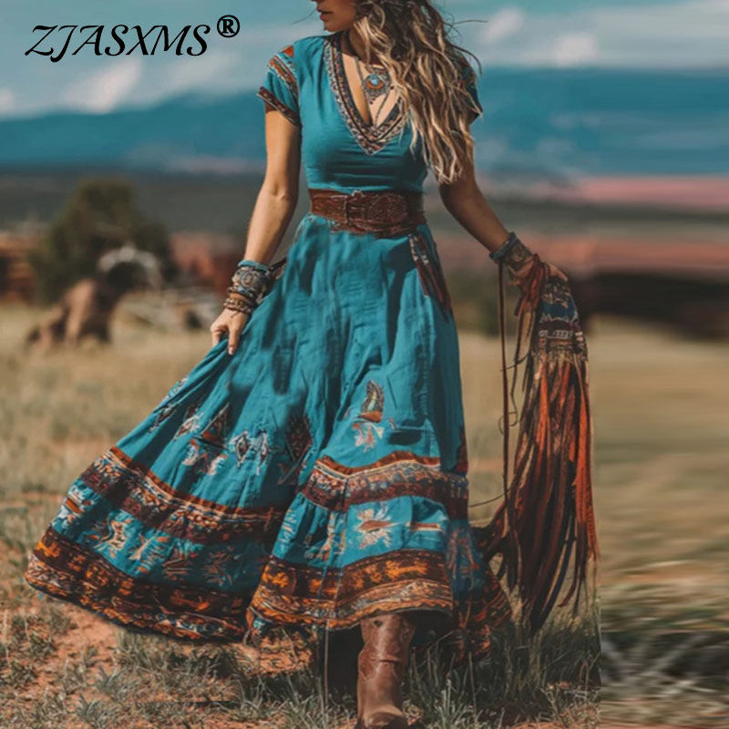 Ethnic Print Loose Hem Boho Western Dress 2026 Spring V Neck High Waist Long Dre