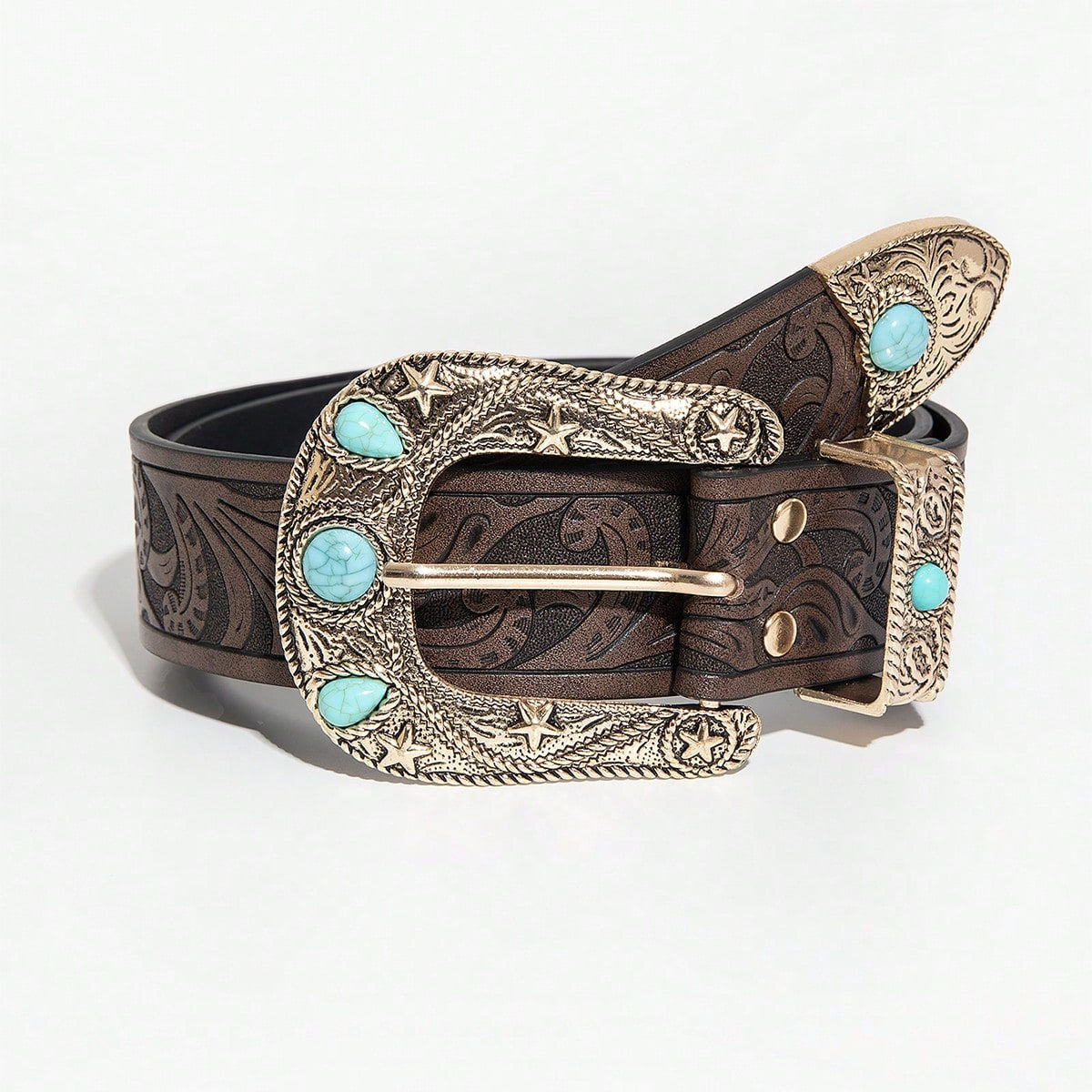 1pc women's Western-style brown belt, vintage carved buckle versatile jeans belt