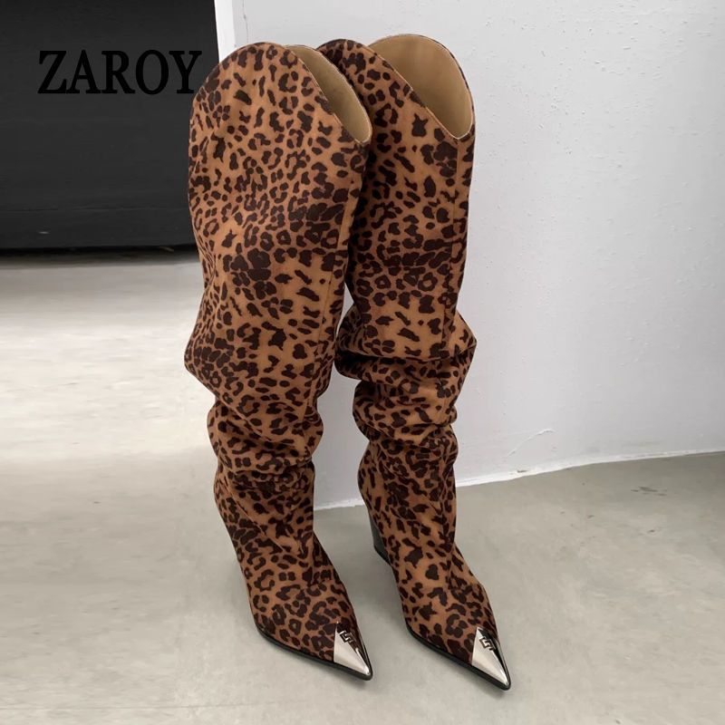 ZAROY Punk Metal Pointed Toe Knee High Boots Women Winter Retro Leopard Print Sq
