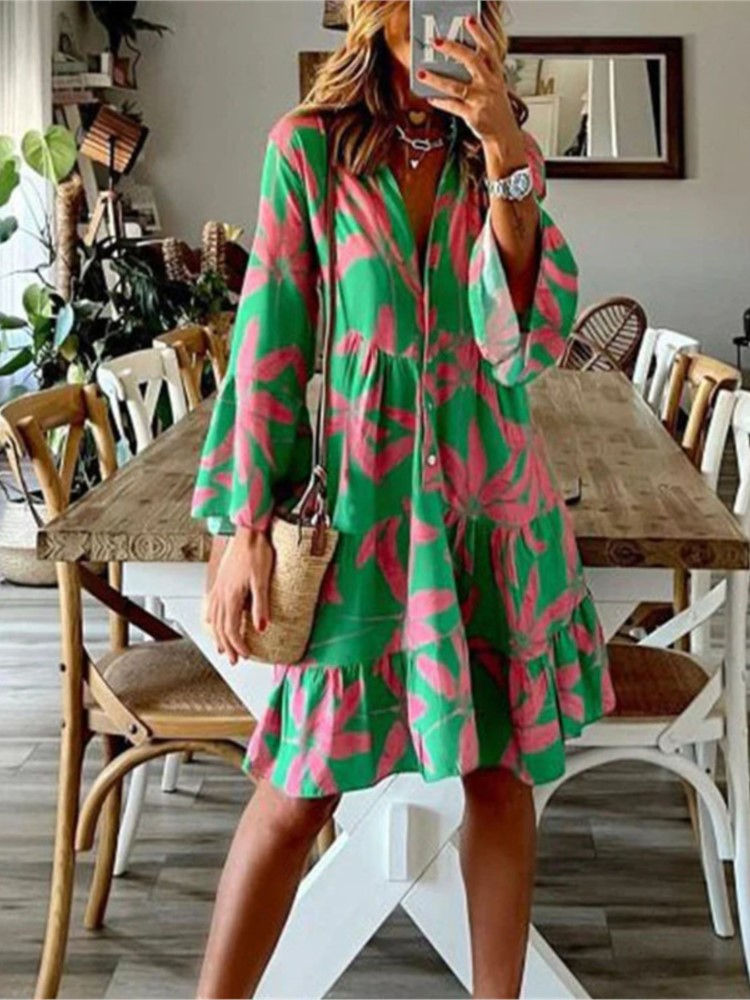 Bohemian Print Mini Dresses Women Fashion V-neck Flared Sleeve Loose Short Dress