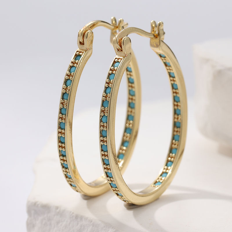 Fashion Trend Turquoise Golden Plated Large Round Hoop Earrings for Women Vintag