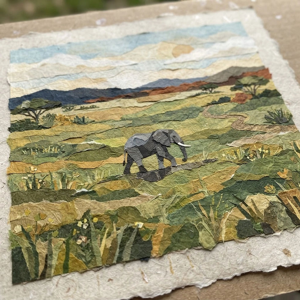 Paper collage of a gray elephant walking through a green savanna under a cloudy sky.