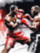 Two boxers in a ring face off with intense expressions, wearing red gloves. One in red shorts; the other in black. Background is dark.