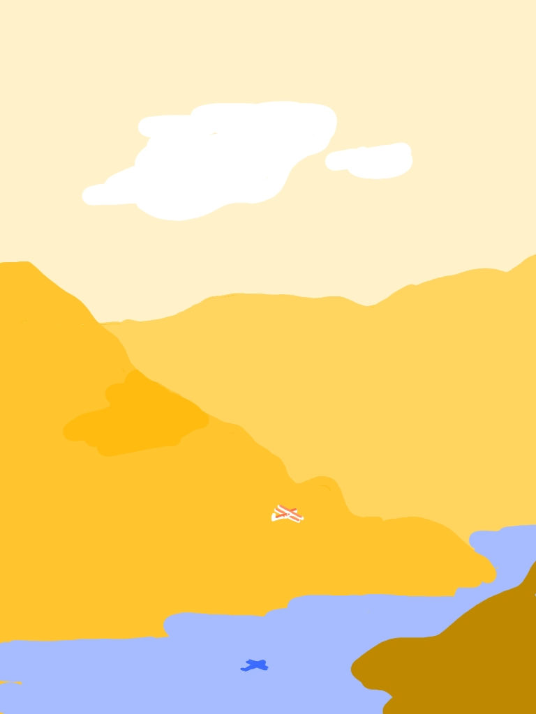 Yellow mountains and a blue river beneath a cloudy sky. A small red and white biplane flies above, casting a shadow on the water.