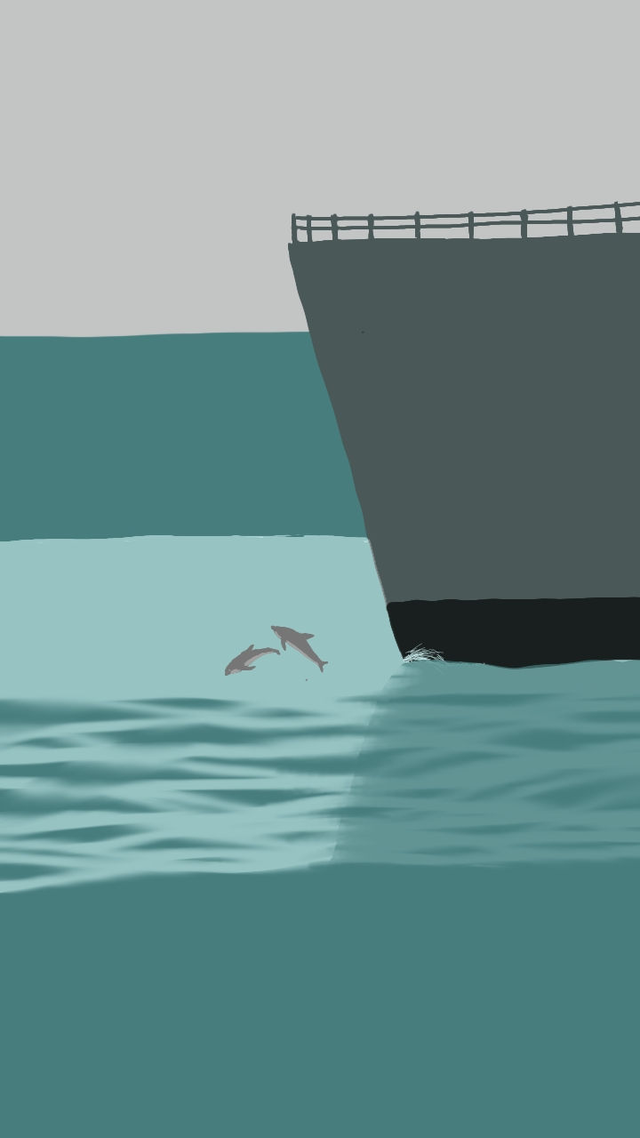 A large ship's hull looms over turquoise water with two dolphins leaping. The sky is pale gray, creating a calm and serene scene.