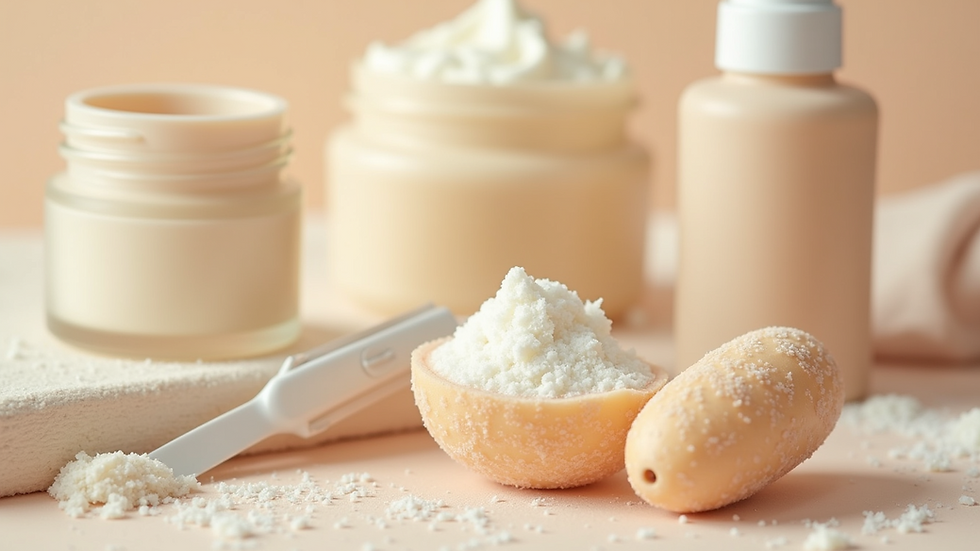Close-up view of a variety of exfoliation products on a wooden surface
