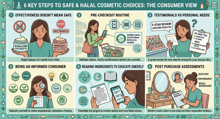 Image shows the 6 key points consumers should consider before and after making any cosmetic purchase.