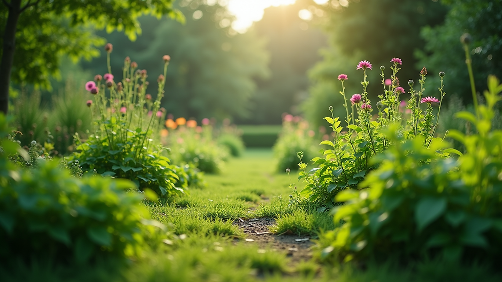 Eye-level view of a lush green garden with diverse plants