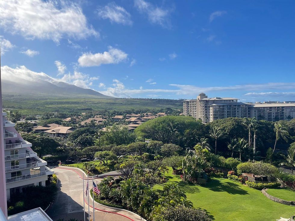 Scenic view of lush greenery and modern buildings under a clear blue sky, with a mountain range in the backdrop creating a picturesque landscape.