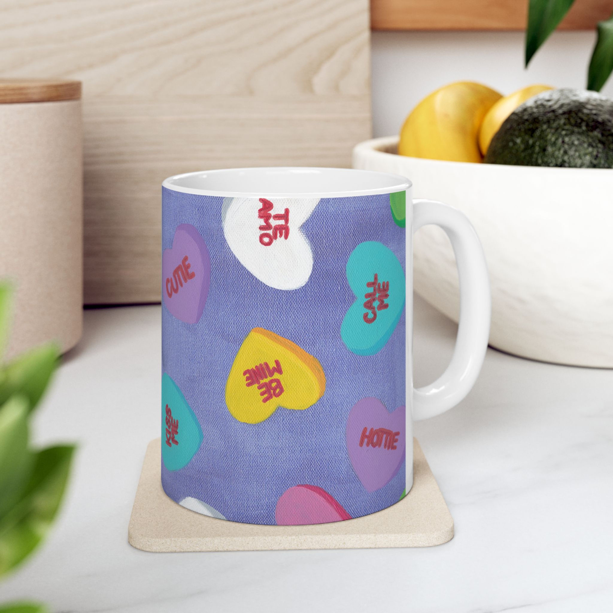 unique coffee mug with candy hearts design