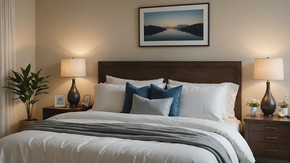 Eye-level view of a serene bedroom with cozy linens