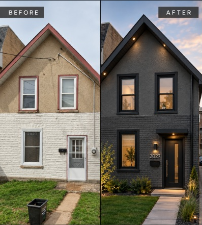 Before-and-after split image of a renovated house